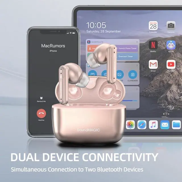 Alt view image 7 of 7 - SoundMAGIC T80BT ANC True Wireless Earbuds with Hi-Res Audio,Hibrid Active Noise Cancelling, ENC Call Clarity, 20H Playtime, IPX5 Waterproof, Ultra-Comfy Fit for Sports/Work/Gaming Pink