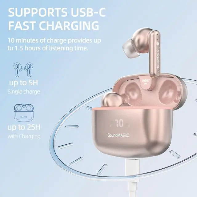 Alt view image 4 of 7 - SoundMAGIC T80BT ANC True Wireless Earbuds with Hi-Res Audio,Hibrid Active Noise Cancelling, ENC Call Clarity, 20H Playtime, IPX5 Waterproof, Ultra-Comfy Fit for Sports/Work/Gaming Pink