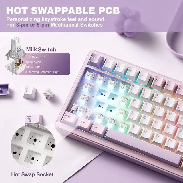 Alt view image 5 of 7 - YUNZII B75 PRO Wireless Mechanical Keyboard,75% Layout with Knob,Hot Swap Gasket Custom Structure,Creamy Pre-lubed Switches,RGB Backlit,Bluetooth/Type-C/2.4G for Win/Mac(Milk Switch,Purple)