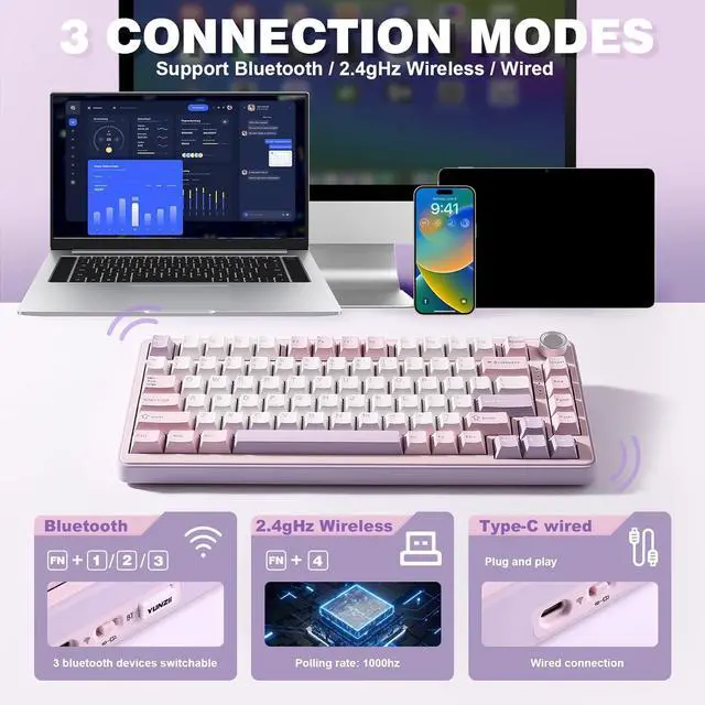 Alt view image 3 of 7 - YUNZII B75 PRO Wireless Mechanical Keyboard,75% Layout with Knob,Hot Swap Gasket Custom Structure,Creamy Pre-lubed Switches,RGB Backlit,Bluetooth/Type-C/2.4G for Win/Mac(Milk Switch,Purple)