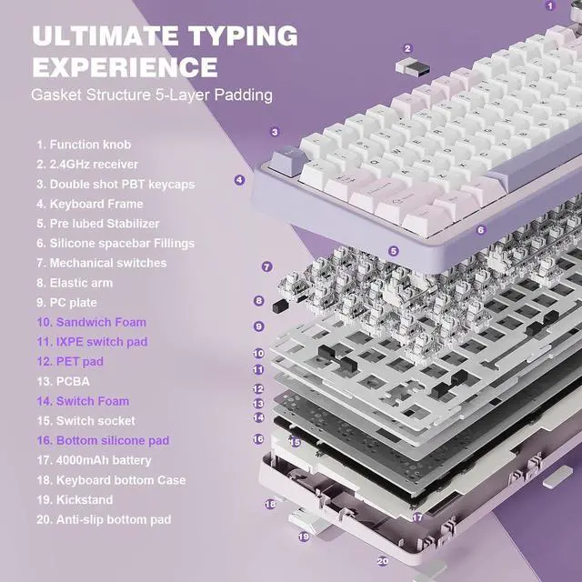 Alt view image 4 of 7 - YUNZII B75 PRO Wireless Mechanical Keyboard,75% Layout with Knob,Hot Swap Gasket Custom Structure,Creamy Pre-lubed Switches,RGB Backlit,Bluetooth/Type-C/2.4G for Win/Mac(Milk Switch,Purple)