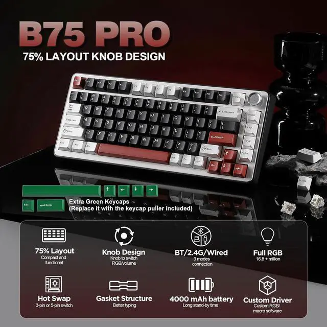 Alt view image 7 of 7 - YUNZII B75 PRO Wireless Mechanical Keyboard,75% Layout with Knob,Hot Swap Gasket Custom Structure,Creamy Pre-lubed Switches,RGB Backlit,Bluetooth/Type-C/2.4G for Win/Mac(Milk Switch,Black)
