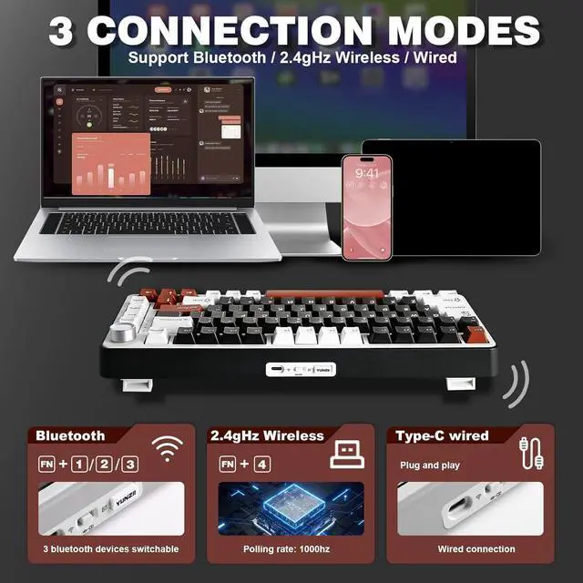 Alt view image 3 of 7 - YUNZII B75 PRO Wireless Mechanical Keyboard,75% Layout with Knob,Hot Swap Gasket Custom Structure,Creamy Pre-lubed Switches,RGB Backlit,Bluetooth/Type-C/2.4G for Win/Mac(Milk Switch,Black)