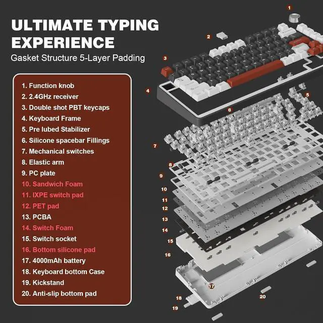 Alt view image 6 of 7 - YUNZII B75 PRO Wireless Mechanical Keyboard,75% Layout with Knob,Hot Swap Gasket Custom Structure,Creamy Pre-lubed Switches,RGB Backlit,Bluetooth/Type-C/2.4G for Win/Mac(Milk Switch,Black)