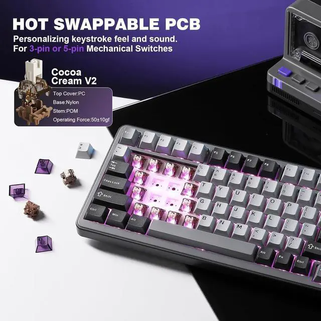 Alt view image 5 of 7 - YUNZII B75 PRO Wireless Mechanical Keyboard,75% Layout with Knob,Hot Swap Gasket Custom Structure,Creamy Pre-lubed Switches,RGB Backlit,BT/Type-C/2.4G for Win/Mac(Cocoa Cream V2 Switch,Dark Grey)