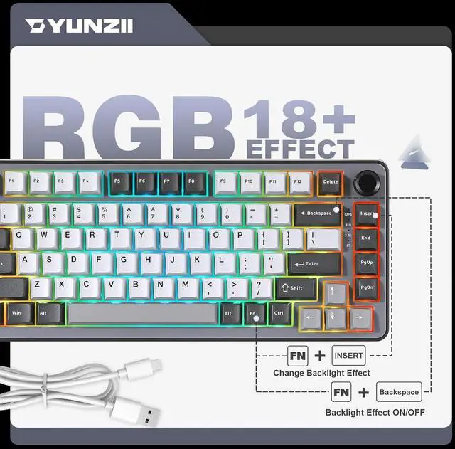 Alt view image 7 of 7 - YUNZII B75 PRO Wireless Mechanical Keyboard,75% Layout with Knob,Hot Swap Gasket Custom Structure,Creamy Pre-lubed Switches,RGB Backlit,BT/Type-C/2.4G for Win/Mac(Cocoa Cream V2 Switch,Dark Grey)