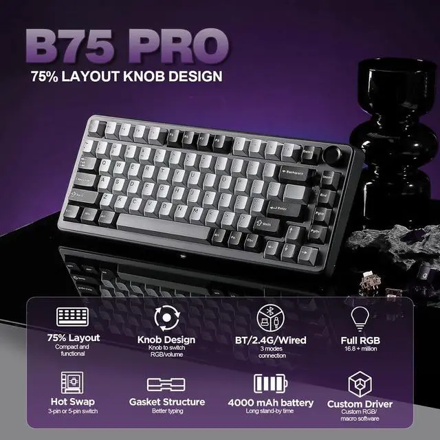Alt view image 2 of 7 - YUNZII B75 PRO Wireless Mechanical Keyboard,75% Layout with Knob,Hot Swap Gasket Custom Structure,Creamy Pre-lubed Switches,RGB Backlit,BT/Type-C/2.4G for Win/Mac(Cocoa Cream V2 Switch,Dark Grey)