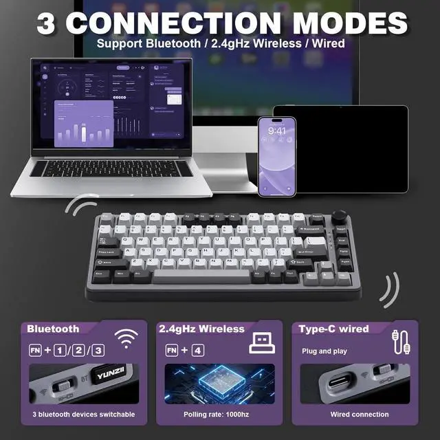 Alt view image 3 of 7 - YUNZII B75 PRO Wireless Mechanical Keyboard,75% Layout with Knob,Hot Swap Gasket Custom Structure,Creamy Pre-lubed Switches,RGB Backlit,BT/Type-C/2.4G for Win/Mac(Cocoa Cream V2 Switch,Dark Grey)