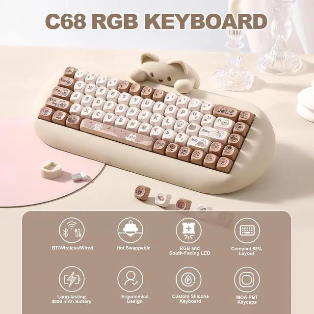 Alt view image 4 of 7 - YUNZII C68 Wireless Mechanical Keyboard,65% Layout,Hot Swap,Triple Mode BT5.0/2.4G/Wired, RGB Backlit NKRO,Cute Cat Silicone Ergonomic Design for Win/Mac(Brown, Cocoa Cream V2 Switch)