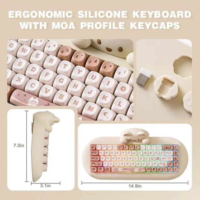 Alt view image 7 of 7 - YUNZII C68 Wireless Mechanical Keyboard,65% Layout,Hot Swap,Triple Mode BT5.0/2.4G/Wired, RGB Backlit NKRO,Cute Cat Silicone Ergonomic Design for Win/Mac(Brown, Cocoa Cream V2 Switch)