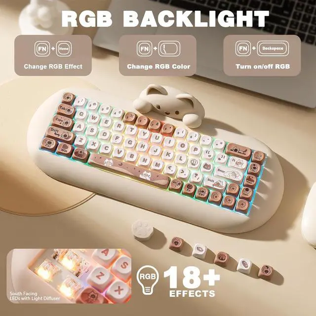 Alt view image 2 of 7 - YUNZII C68 Wireless Mechanical Keyboard,65% Layout,Hot Swap,Triple Mode BT5.0/2.4G/Wired, RGB Backlit NKRO,Cute Cat Silicone Ergonomic Design for Win/Mac(Brown, Cocoa Cream V2 Switch)