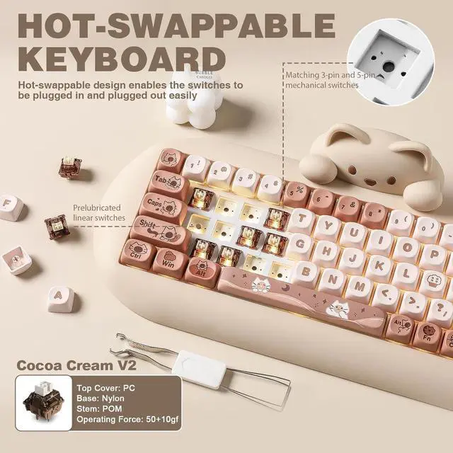 Alt view image 5 of 7 - YUNZII C68 Wireless Mechanical Keyboard,65% Layout,Hot Swap,Triple Mode BT5.0/2.4G/Wired, RGB Backlit NKRO,Cute Cat Silicone Ergonomic Design for Win/Mac(Brown, Cocoa Cream V2 Switch)