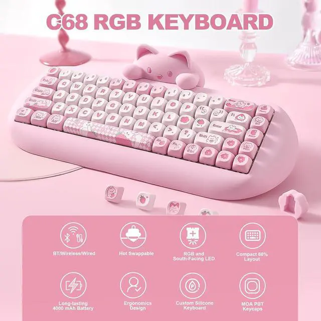 Alt view image 2 of 7 - YUNZII C68 Wireless Mechanical Keyboard,65% Layout,Hot Swap,Triple Mode BT5.0/2.4G/Wired, RGB Backlit NKRO,Cute Cat Silicone Ergonomic Design for Win/Mac(Pink, Cocoa Cream V2 Switch)