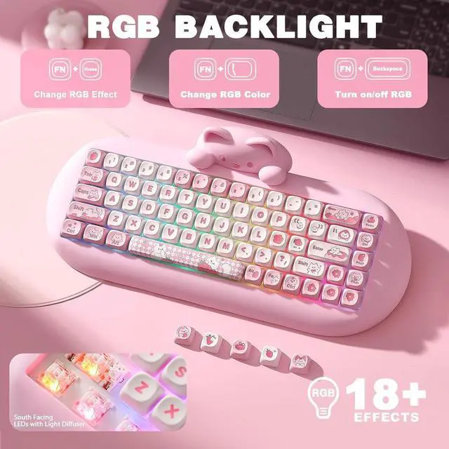 Alt view image 4 of 7 - YUNZII C68 Wireless Mechanical Keyboard,65% Layout,Hot Swap,Triple Mode BT5.0/2.4G/Wired, RGB Backlit NKRO,Cute Cat Silicone Ergonomic Design for Win/Mac(Pink, Cocoa Cream V2 Switch)