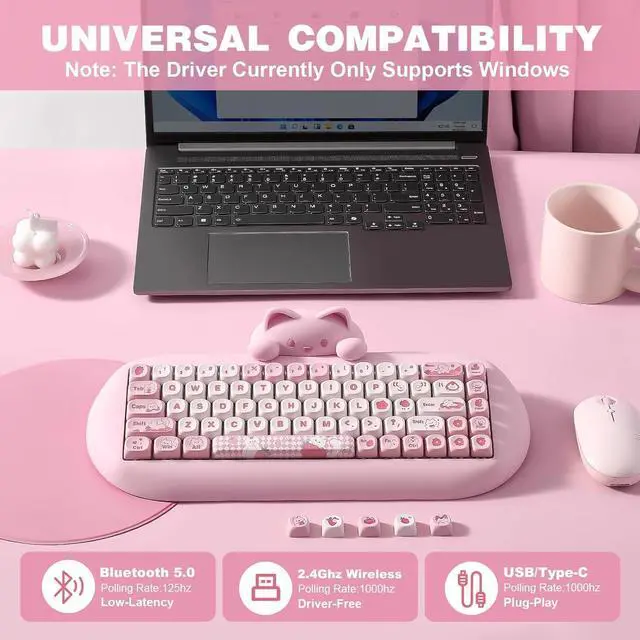 Alt view image 3 of 7 - YUNZII C68 Wireless Mechanical Keyboard,65% Layout,Hot Swap,Triple Mode BT5.0/2.4G/Wired, RGB Backlit NKRO,Cute Cat Silicone Ergonomic Design for Win/Mac(Pink, Cocoa Cream V2 Switch)
