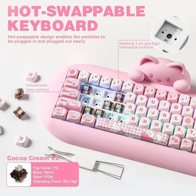 Alt view image 5 of 7 - YUNZII C68 Wireless Mechanical Keyboard,65% Layout,Hot Swap,Triple Mode BT5.0/2.4G/Wired, RGB Backlit NKRO,Cute Cat Silicone Ergonomic Design for Win/Mac(Pink, Cocoa Cream V2 Switch)
