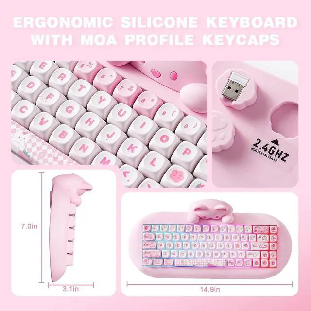 Alt view image 7 of 7 - YUNZII C68 Wireless Mechanical Keyboard,65% Layout,Hot Swap,Triple Mode BT5.0/2.4G/Wired, RGB Backlit NKRO,Cute Cat Silicone Ergonomic Design for Win/Mac(Pink, Cocoa Cream V2 Switch)