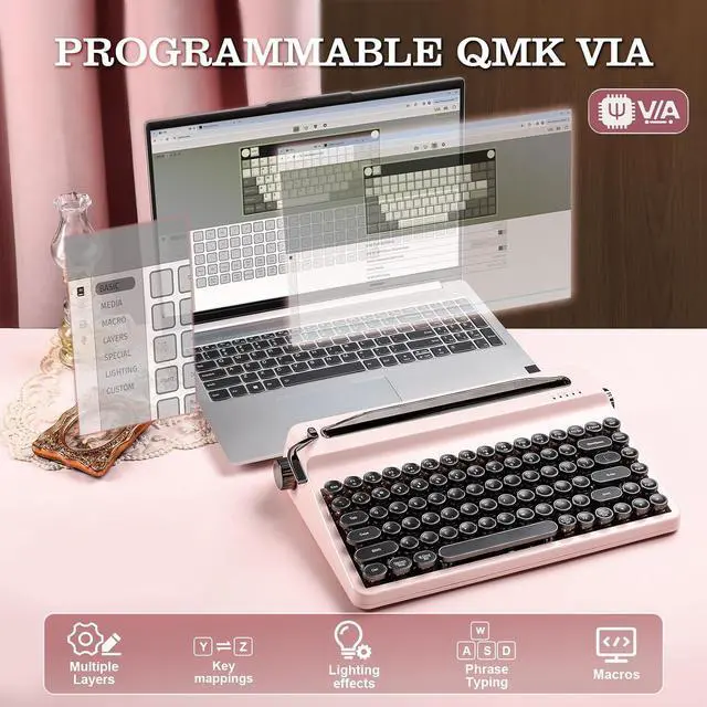 Alt view image 6 of 7 - YUNZII QL75 Wireless Typewriter Hot Swap Retro Mechanical Keyboard,Punk Round Keycaps,RGB Backlit QMK/VIA Programmable,Multi-Device Keyboard with 2.4GHz/Type-C/BT5.0 (Pink, Cocoa Cream V2 Switch)