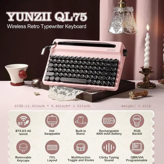 Alt view image 2 of 7 - YUNZII QL75 Wireless Typewriter Hot Swap Retro Mechanical Keyboard,Punk Round Keycaps,RGB Backlit QMK/VIA Programmable,Multi-Device Keyboard with 2.4GHz/Type-C/BT5.0 (Pink, Cocoa Cream V2 Switch)