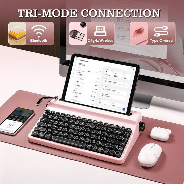 Alt view image 5 of 7 - YUNZII QL75 Wireless Typewriter Hot Swap Retro Mechanical Keyboard,Punk Round Keycaps,RGB Backlit QMK/VIA Programmable,Multi-Device Keyboard with 2.4GHz/Type-C/BT5.0 (Pink, Cocoa Cream V2 Switch)