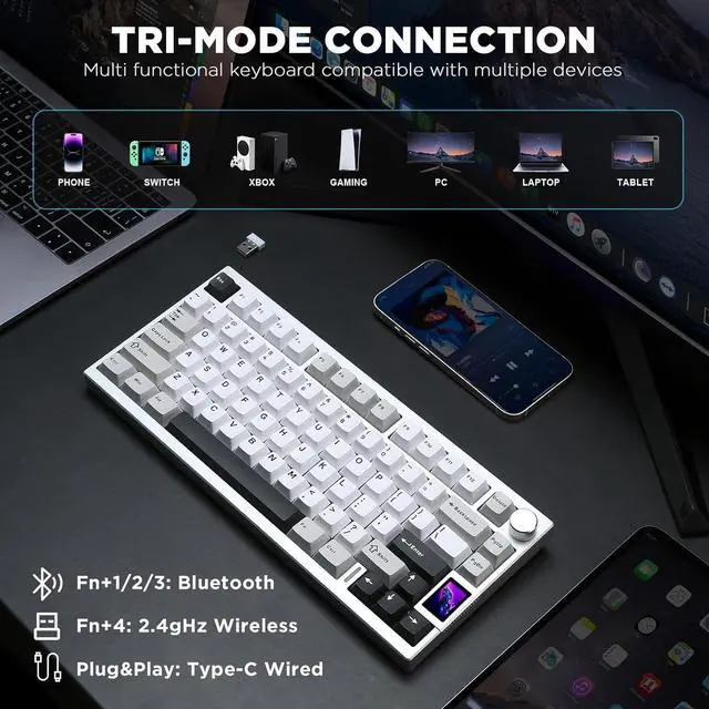Alt view image 4 of 7 - YUNZII AL80 Wireless Mechanical Keyboard,Full Aluminum CNC, Smart LCD Display,Hot Swappable Gasket Mount 75% Layout with Knob,BT/2.4G/USB-C,QMK/VIA Support for Win/Mac (Silver, Cocoa Cream V2 Switch)