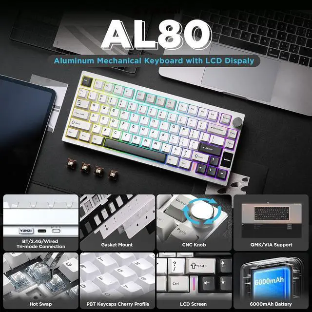 Alt view image 2 of 7 - YUNZII AL80 Wireless Mechanical Keyboard,Full Aluminum CNC, Smart LCD Display,Hot Swappable Gasket Mount 75% Layout with Knob,BT/2.4G/USB-C,QMK/VIA Support for Win/Mac (Silver, Cocoa Cream V2 Switch)