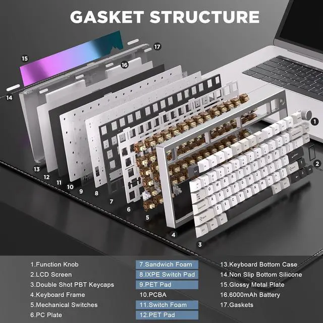 Alt view image 5 of 7 - YUNZII AL80 Wireless Mechanical Keyboard,Full Aluminum CNC, Smart LCD Display,Hot Swappable Gasket Mount 75% Layout with Knob,BT/2.4G/USB-C,QMK/VIA Support for Win/Mac (Silver, Cocoa Cream V2 Switch)