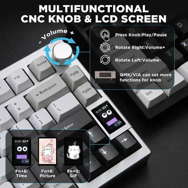 Alt view image 7 of 7 - YUNZII AL80 Wireless Mechanical Keyboard,Full Aluminum CNC, Smart LCD Display,Hot Swappable Gasket Mount 75% Layout with Knob,BT/2.4G/USB-C,QMK/VIA Support for Win/Mac (Silver, Cocoa Cream V2 Switch)