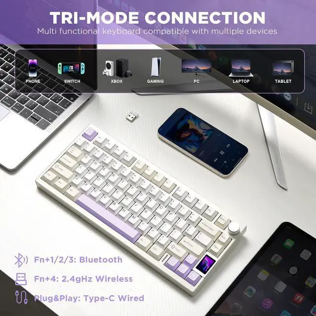 Alt view image 4 of 7 - YUNZII AL80 Wireless Mechanical Keyboard,Full Aluminum CNC, Smart LCD Display,Hot Swappable Gasket Mount 75% Layout with Knob,BT/2.4G/USB-C,QMK/VIA Support for Win/Mac (Beige, Gateron Zero Switch)