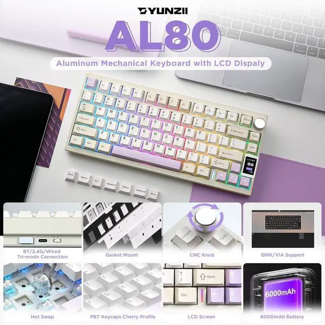 Alt view image 2 of 7 - YUNZII AL80 Wireless Mechanical Keyboard,Full Aluminum CNC, Smart LCD Display,Hot Swappable Gasket Mount 75% Layout with Knob,BT/2.4G/USB-C,QMK/VIA Support for Win/Mac (Beige, Gateron Zero Switch)
