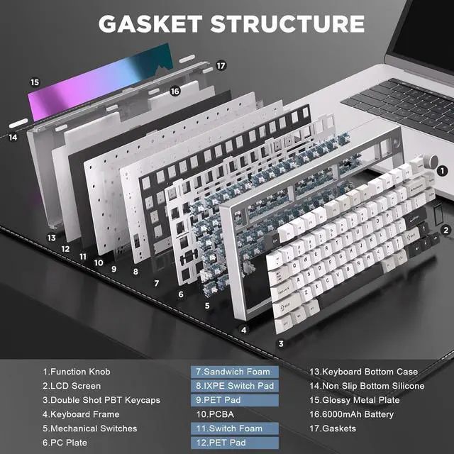 Alt view image 5 of 7 - YUNZII AL80 Wireless Mechanical Keyboard,Full Aluminum CNC, Smart LCD Display,Hot Swappable Gasket Mount 75% Layout with Knob,BT/2.4G/USB-C,QMK/VIA Support for Win/Mac (Silver, Gateron Zero Switch)