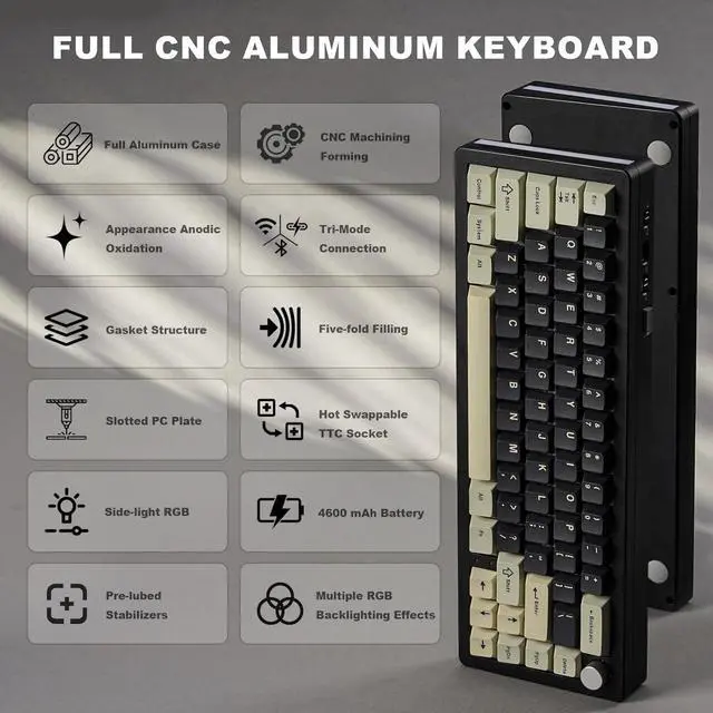 Alt view image 2 of 7 - YUNZII AL66 Wireless Mechanical Keyboard,Full Aluminum CNC,65% Knob Control,Bluetooth/2.4G/Wired,Hot Swappable Pre-lubed Switches,Gasket Mounted RGB for Win/Mac(Milk Switch, Black)