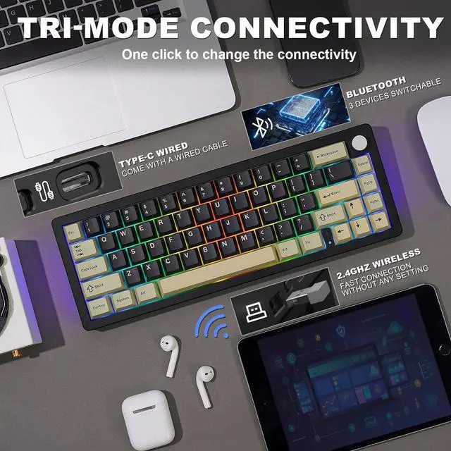 Alt view image 5 of 7 - YUNZII AL66 Wireless Mechanical Keyboard,Full Aluminum CNC,65% Knob Control,Bluetooth/2.4G/Wired,Hot Swappable Pre-lubed Switches,Gasket Mounted RGB for Win/Mac(Milk Switch, Black)