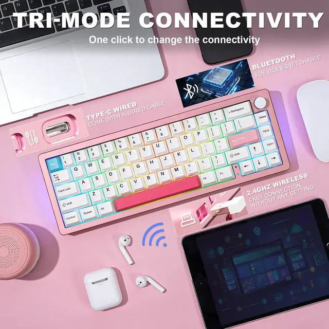 Alt view image 5 of 7 - YUNZII AL66 Wireless Mechanical Keyboard,Full Aluminum CNC,65% Knob Control,Bluetooth/2.4G/Wired,Hot Swappable Pre-lubed Switches,Gasket Mounted RGB for Win/Mac(Milk Switch, Pink)