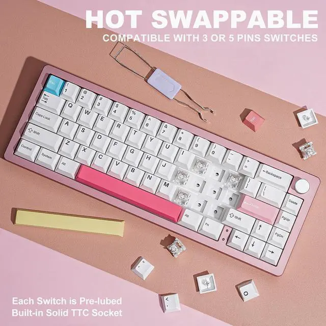 Alt view image 6 of 7 - YUNZII AL66 Wireless Mechanical Keyboard,Full Aluminum CNC,65% Knob Control,Bluetooth/2.4G/Wired,Hot Swappable Pre-lubed Switches,Gasket Mounted RGB for Win/Mac(Milk Switch, Pink)