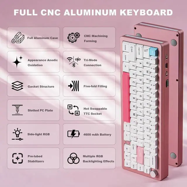 Alt view image 2 of 7 - YUNZII AL66 Wireless Mechanical Keyboard,Full Aluminum CNC,65% Knob Control,Bluetooth/2.4G/Wired,Hot Swappable Pre-lubed Switches,Gasket Mounted RGB for Win/Mac(Milk Switch, Pink)