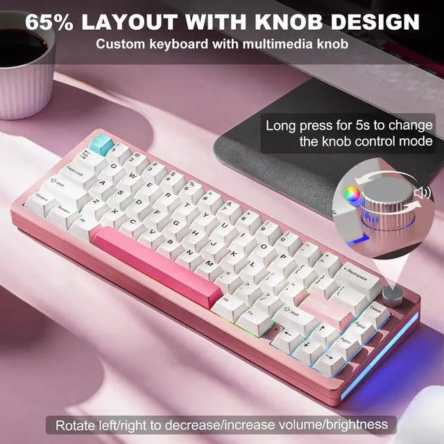 Alt view image 4 of 7 - YUNZII AL66 Wireless Mechanical Keyboard,Full Aluminum CNC,65% Knob Control,Bluetooth/2.4G/Wired,Hot Swappable Pre-lubed Switches,Gasket Mounted RGB for Win/Mac(Milk Switch, Pink)
