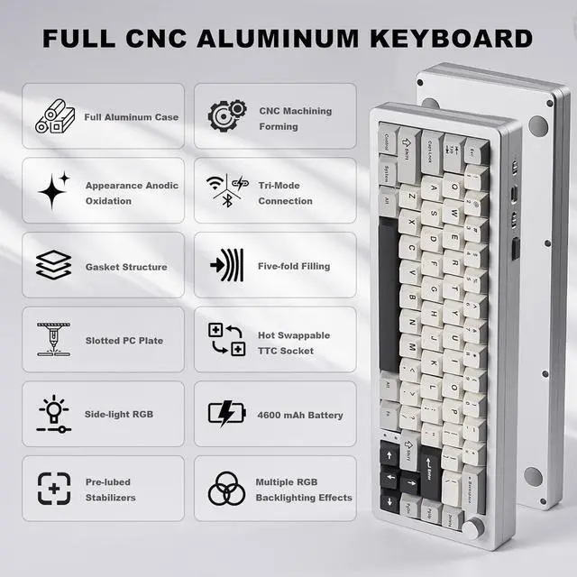 Alt view image 2 of 7 - YUNZII AL66 Wireless Mechanical Keyboard,Full Aluminum CNC,65% Knob Control,Bluetooth/2.4G/Wired,Hot Swappable Pre-lubed Switches,Gasket Mounted RGB for Win/Mac(Milk Switch, Silver)