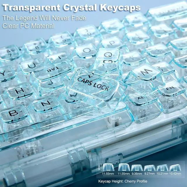 Alt view image 6 of 7 - YUNZII X71 Wireless Hot Swappable Transparent Mechanical Keyboard with Clear Keycaps, 68% Layout, BT5.0/2.4G/USB-C Gasket Mount Wireless RGB Backlit for Windows/Mac(Crystal Ice Switch,Cyan)