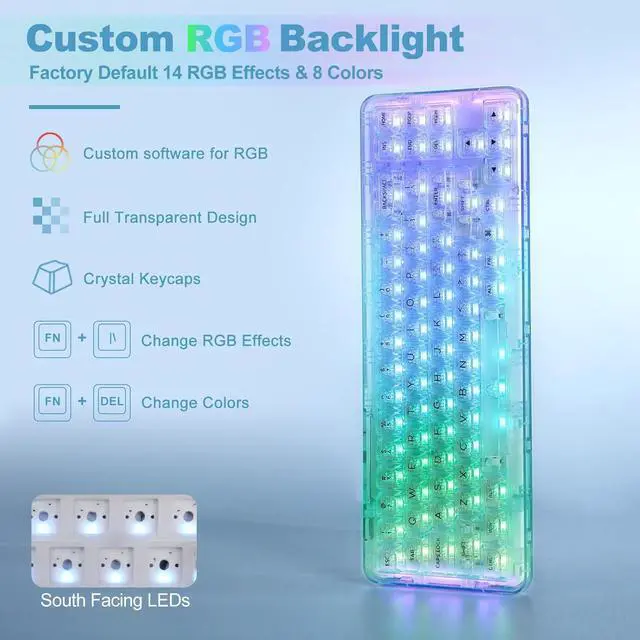 Alt view image 7 of 7 - YUNZII X71 Wireless Hot Swappable Transparent Mechanical Keyboard with Clear Keycaps, 68% Layout, BT5.0/2.4G/USB-C Gasket Mount Wireless RGB Backlit for Windows/Mac(Crystal Ice Switch,Cyan)