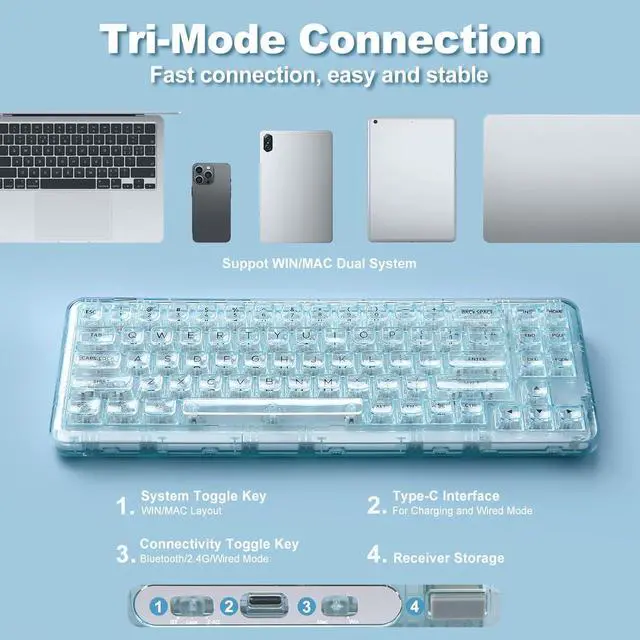 Alt view image 5 of 7 - YUNZII X71 Wireless Hot Swappable Transparent Mechanical Keyboard with Clear Keycaps, 68% Layout, BT5.0/2.4G/USB-C Gasket Mount Wireless RGB Backlit for Windows/Mac(Crystal Ice Switch,Cyan)