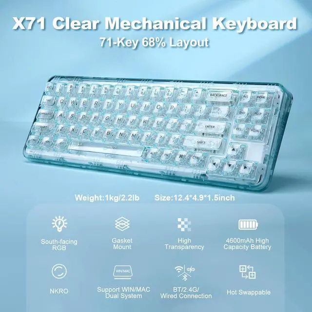 Alt view image 2 of 7 - YUNZII X71 Wireless Hot Swappable Transparent Mechanical Keyboard with Clear Keycaps, 68% Layout, BT5.0/2.4G/USB-C Gasket Mount Wireless RGB Backlit for Windows/Mac(Crystal Ice Switch,Cyan)