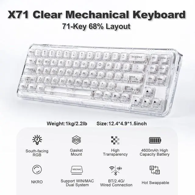 Alt view image 2 of 7 - YUNZII X71 Wireless Hot Swappable Transparent Mechanical Keyboard with Clear Keycaps, 68% Layout, BT5.0/2.4G/USB-C Gasket Mount Wireless RGB Backlit for Windows/Mac(Crystal Ice Switch,White)