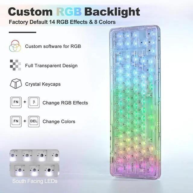 Alt view image 7 of 7 - YUNZII X71 Wireless Hot Swappable Transparent Mechanical Keyboard with Clear Keycaps, 68% Layout, BT5.0/2.4G/USB-C Gasket Mount Wireless RGB Backlit for Windows/Mac(Crystal Ice Switch,White)