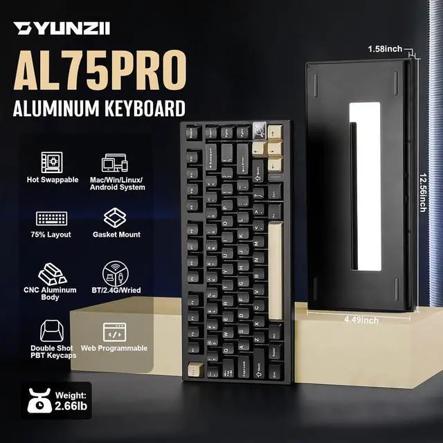Alt view image 2 of 7 - YUNZII AL75 PRO 75% Wireless Mechanical Gaming Keyboard,Full Aluminum CNC,BT/2.4G/Wired,PBT Keycaps,Gasket Mounted Hot Swap,Custom RGB Backlight, Programmable for Mac/Win (Black, Cocoa Cream V2)