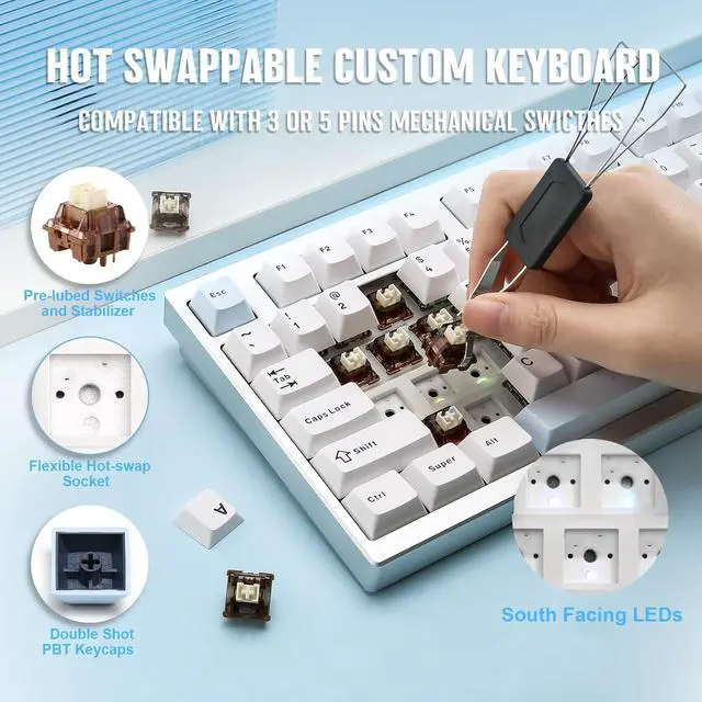 Alt view image 5 of 7 - YUNZII AL75 PRO 75% Wireless Mechanical Gaming Keyboard,Full Aluminum CNC,BT/2.4G/Wired,PBT Keycaps,Gasket Mounted Hot Swap,Custom RGB Backlight, Programmable for Mac/Win (Silver, Cocoa Cream V2)