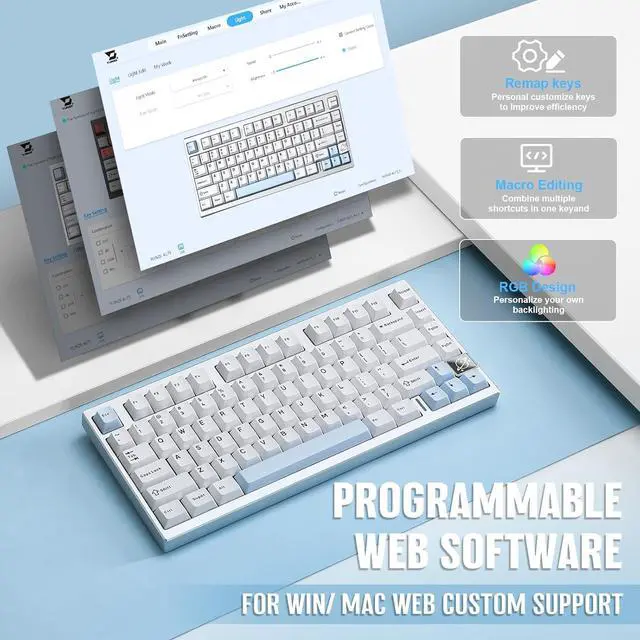 Alt view image 6 of 7 - YUNZII AL75 PRO 75% Wireless Mechanical Gaming Keyboard,Full Aluminum CNC,BT/2.4G/Wired,PBT Keycaps,Gasket Mounted Hot Swap,Custom RGB Backlight, Programmable for Mac/Win (Silver, Cocoa Cream V2)