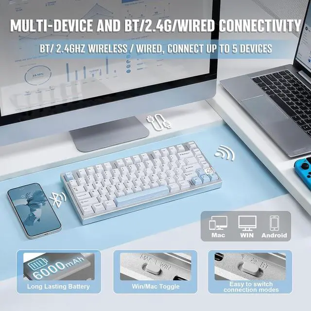 Alt view image 3 of 7 - YUNZII AL75 PRO 75% Wireless Mechanical Gaming Keyboard,Full Aluminum CNC,BT/2.4G/Wired,PBT Keycaps,Gasket Mounted Hot Swap,Custom RGB Backlight, Programmable for Mac/Win (Silver, Cocoa Cream V2)