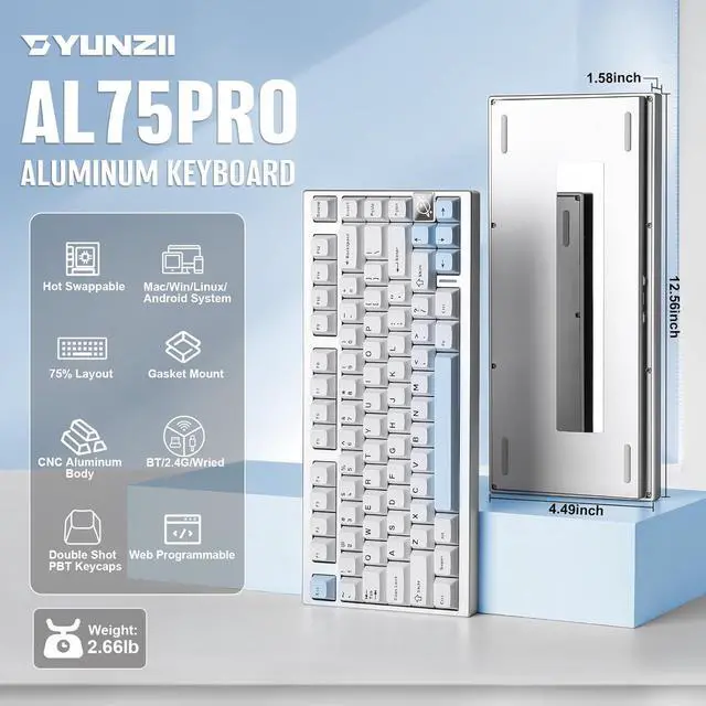 Alt view image 2 of 7 - YUNZII AL75 PRO 75% Wireless Mechanical Gaming Keyboard,Full Aluminum CNC,BT/2.4G/Wired,PBT Keycaps,Gasket Mounted Hot Swap,Custom RGB Backlight, Programmable for Mac/Win (Silver, Cocoa Cream V2)