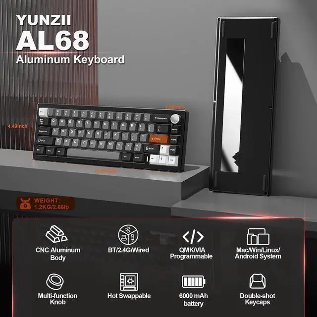 Alt view image 2 of 7 - YUNZII AL68 Wireless Mechanical Keyboard,Full Aluminum CNC,60% Layout with Knob, QMK/VIA Software,Gasket Mounted,Hot Swappable,RGB Backlit,BT/2.4G/USB-C for Mac/Win (Black, Cocoa Cream V2)
